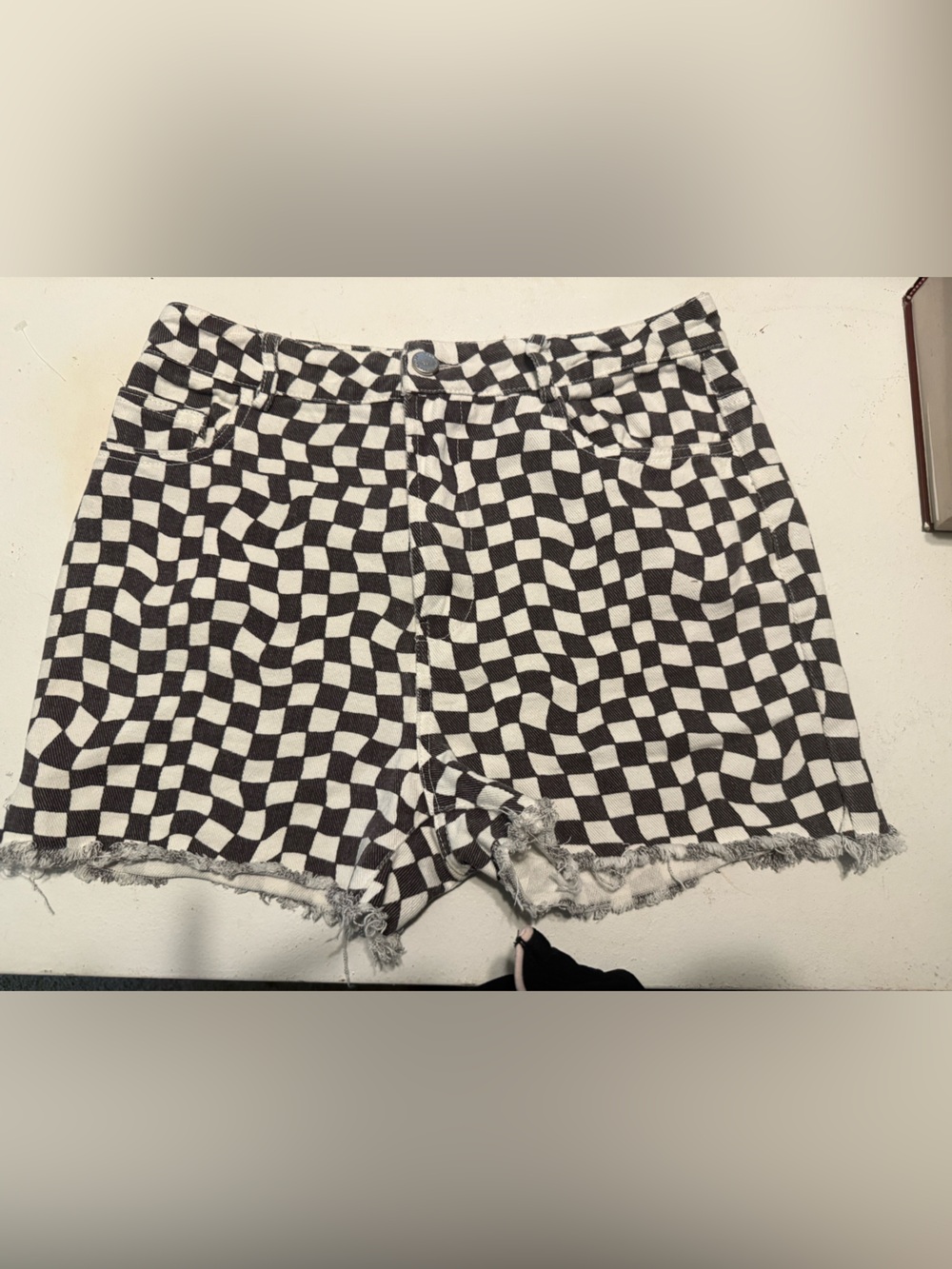 Peppermayo Black & White Wavy Checkerboard Jean Shorts